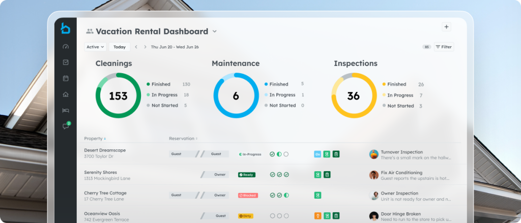 Breezeway dashboard displaying cleaning, maintenance, and inspection updates, showcasing the capabilities of the best housekeeping management software for vacation rentals.