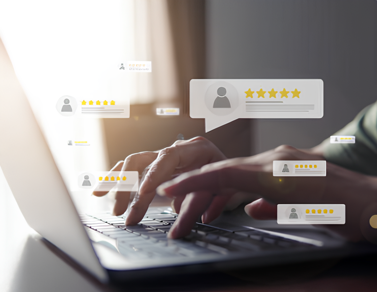 Close-up of hands typing on a laptop, with floating five-star reviews above, highlighting Airbnb automation and customer satisfaction.