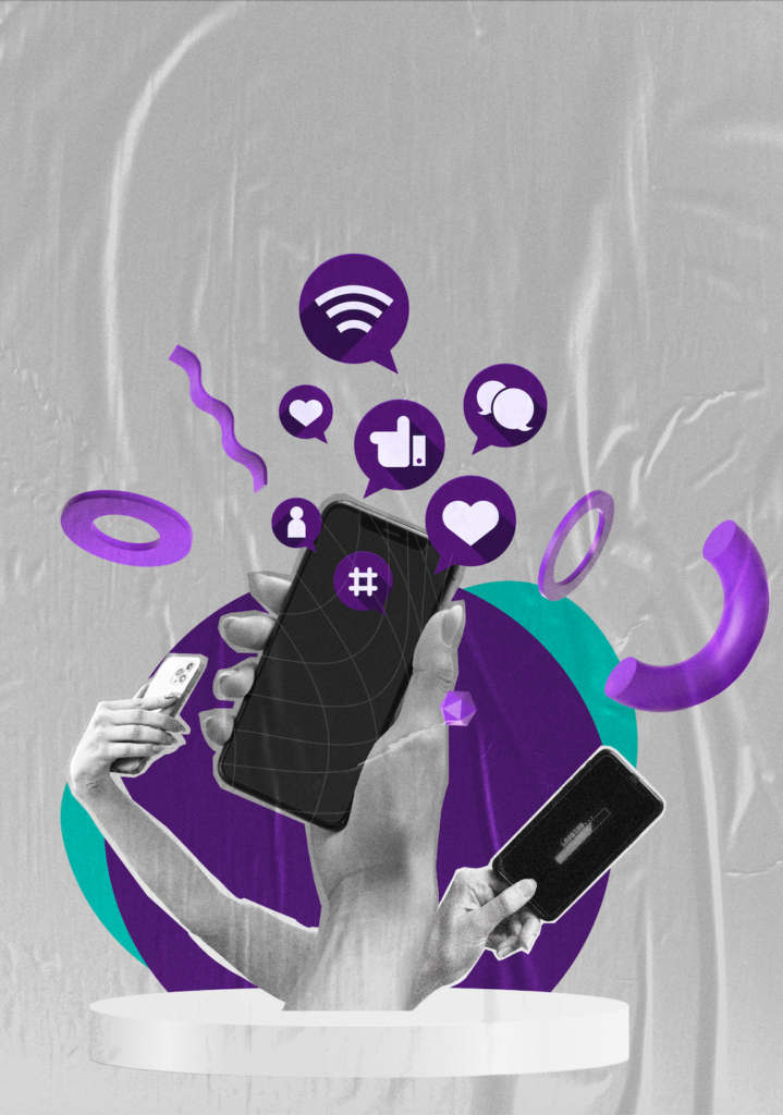 Hands holding phones with social media icons, showing social media impact on direct bookings.