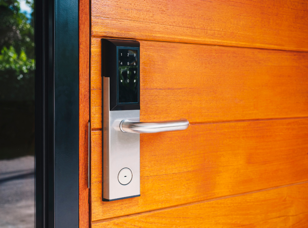 Smart lock system on a wooden door, illustrating the use of virtual check-in software for rental property.