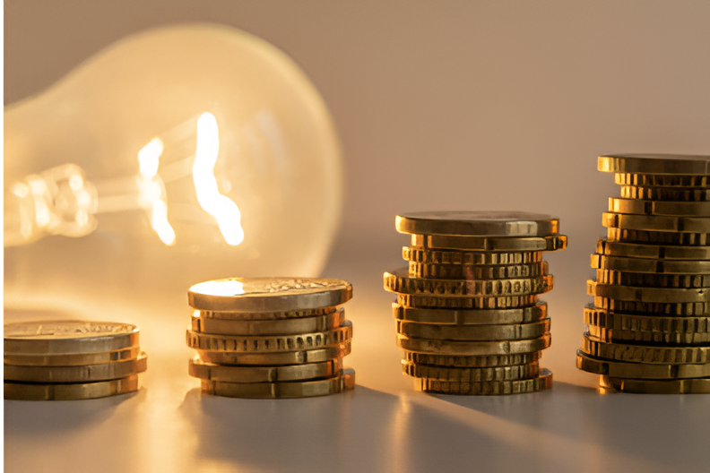 Lightbulb with coins in front, illustrating dynamic pricing for short-term rentals and innovative financial strategies.