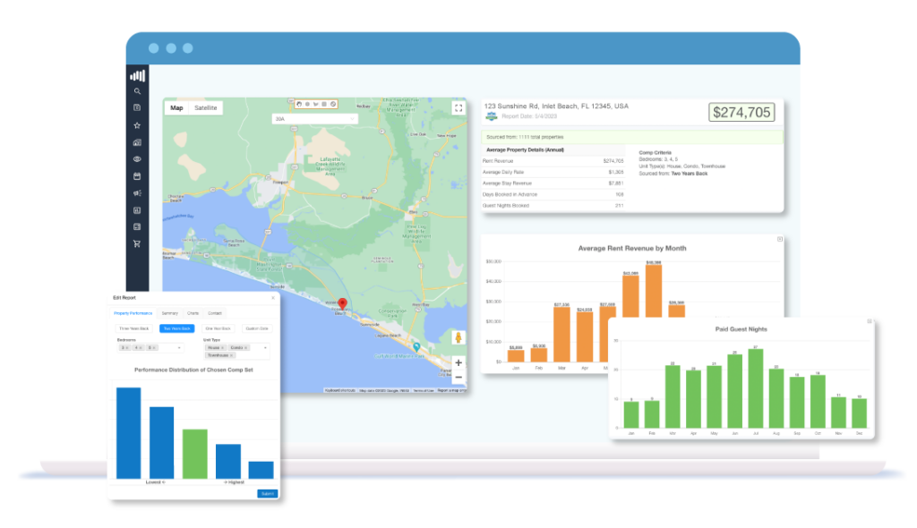 Vacation Rental Data visualization displayed on a laptop screen, showcasing maps, performance charts, and revenue insights for property analysis.